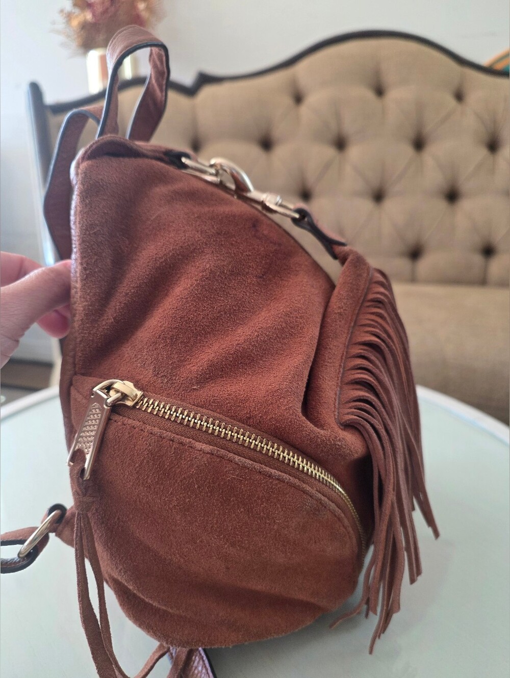 $348 Rebecca Minkoff Julian Fringe Backpack Brown Suede Concert Boho - Picture 5 of 15